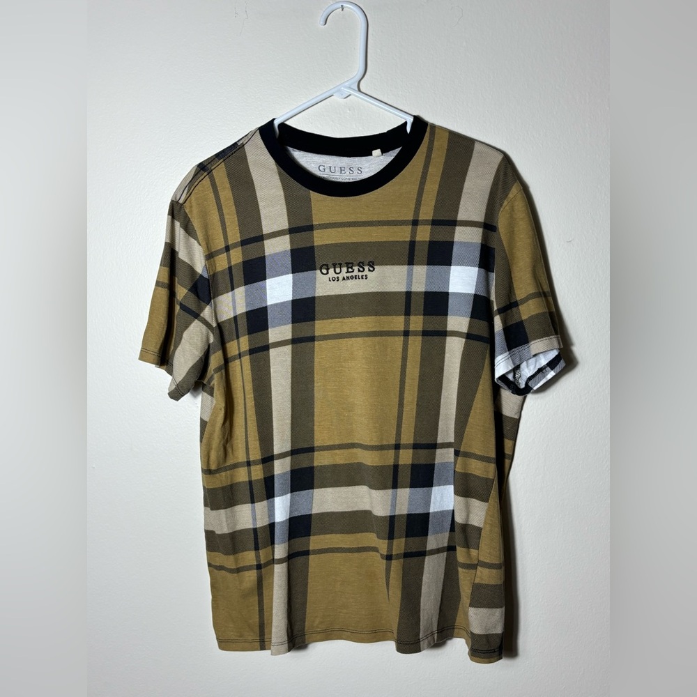 GUESS Plaid Logo T-Shirt M Brown Black White Short Sleeve Embroidered